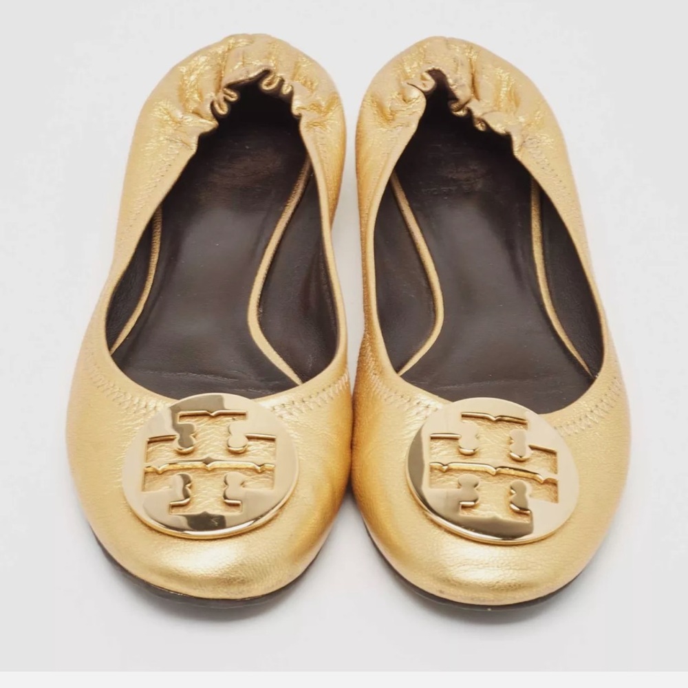 Tory Burch Gold Leather Distressed Reva Scrunch Ballet Flats